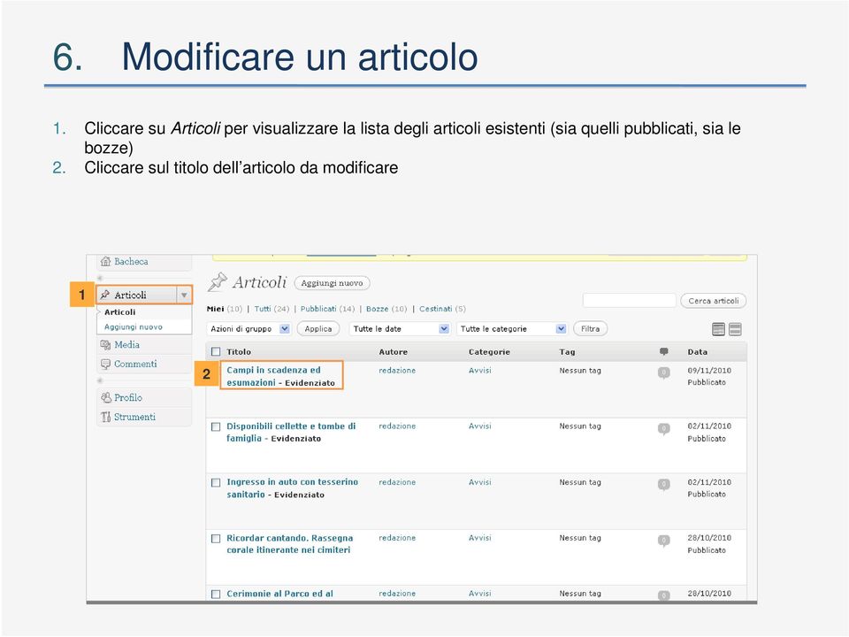 degli articoli esistenti (sia quelli pubblicati,