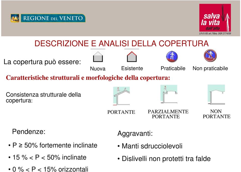 della copertura: PORTANTE PARZIALMENTE PORTANTE NON PORTANTE Pendenze: P 50% fortemente inclinate 15