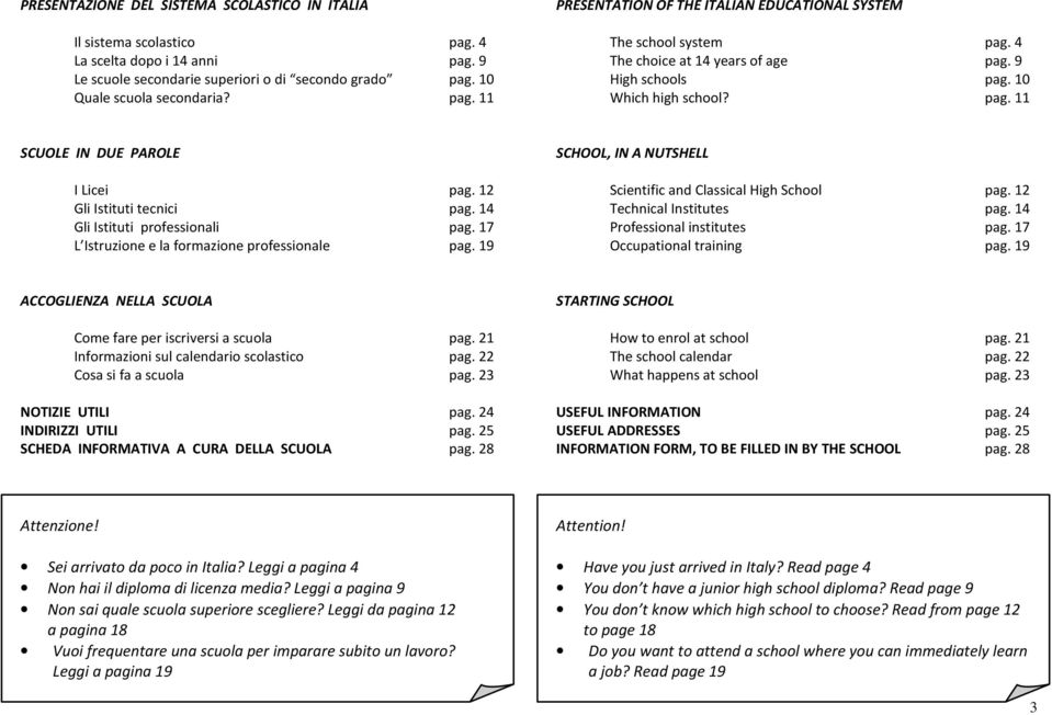 17 L Istruzione e la formazione professionale pag. 19 SCHOOL, IN A NUTSHELL Scientific and Classical High School pag. 12 Technical Institutes pag. 14 Professional institutes pag.