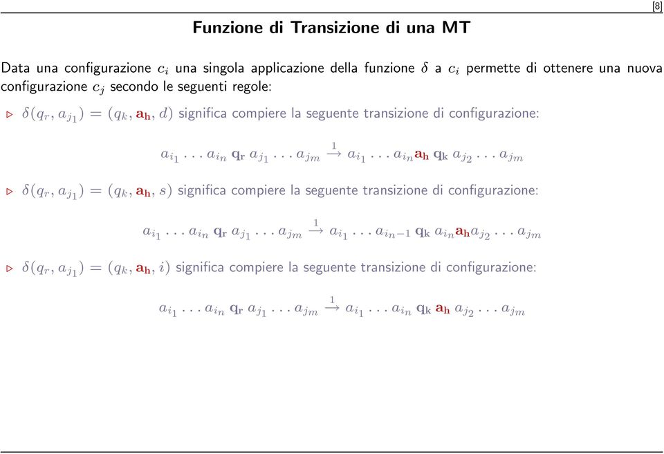 .. a i n q r a j1... a j m 1 a i1... a i na h q k a j2... a j m δ(q r, a j1 ) = (q k, a h, s) significa compiere la seguente transizione di configurazione: a i1... a i n q r a j1... a j m 1 a i1... a i n 1 q k a i na h a j2.