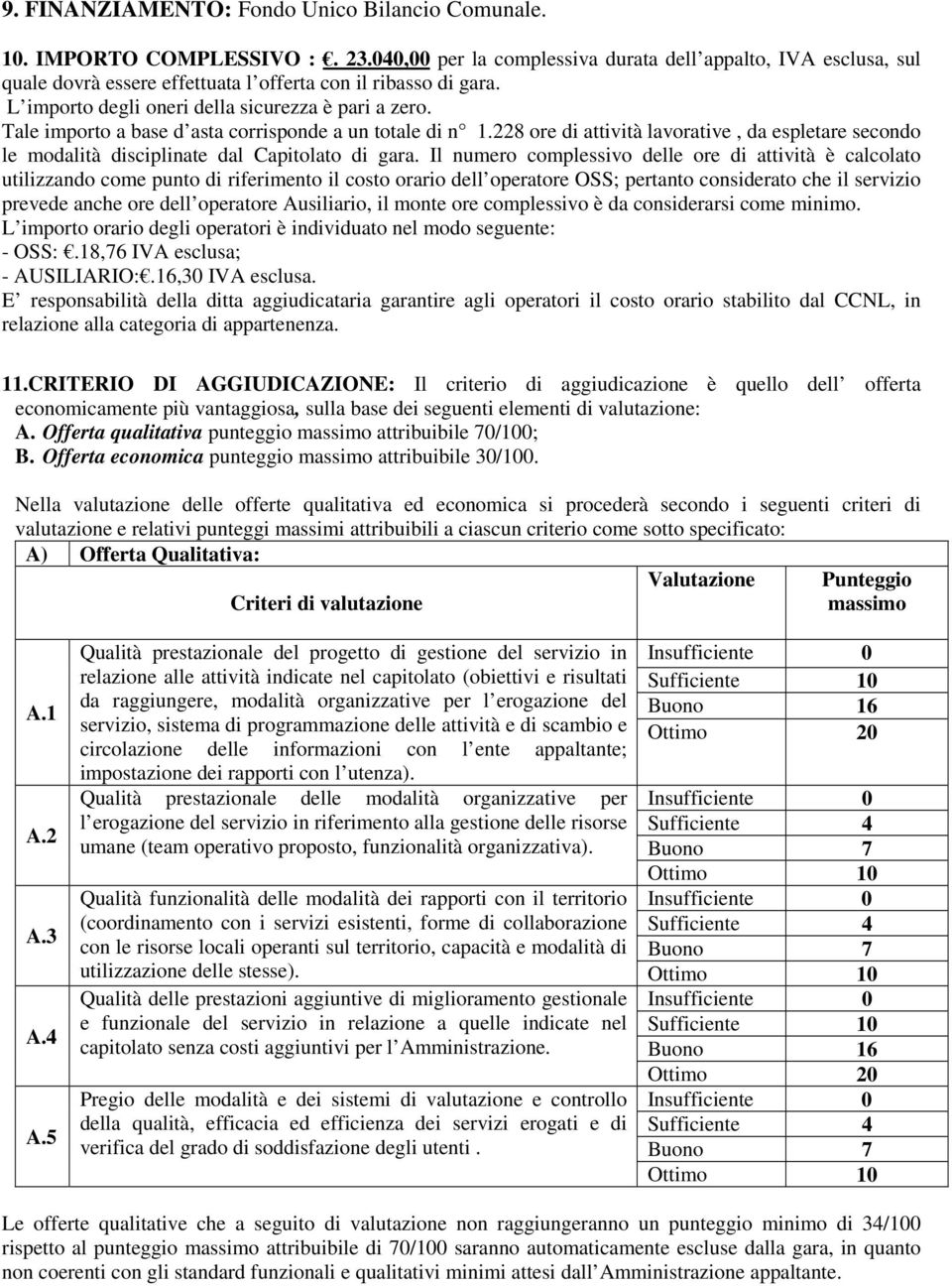 Tale importo a base d asta corrisponde a un totale di n 1.228 ore di attività lavorative, da espletare secondo le modalità disciplinate dal Capitolato di gara.