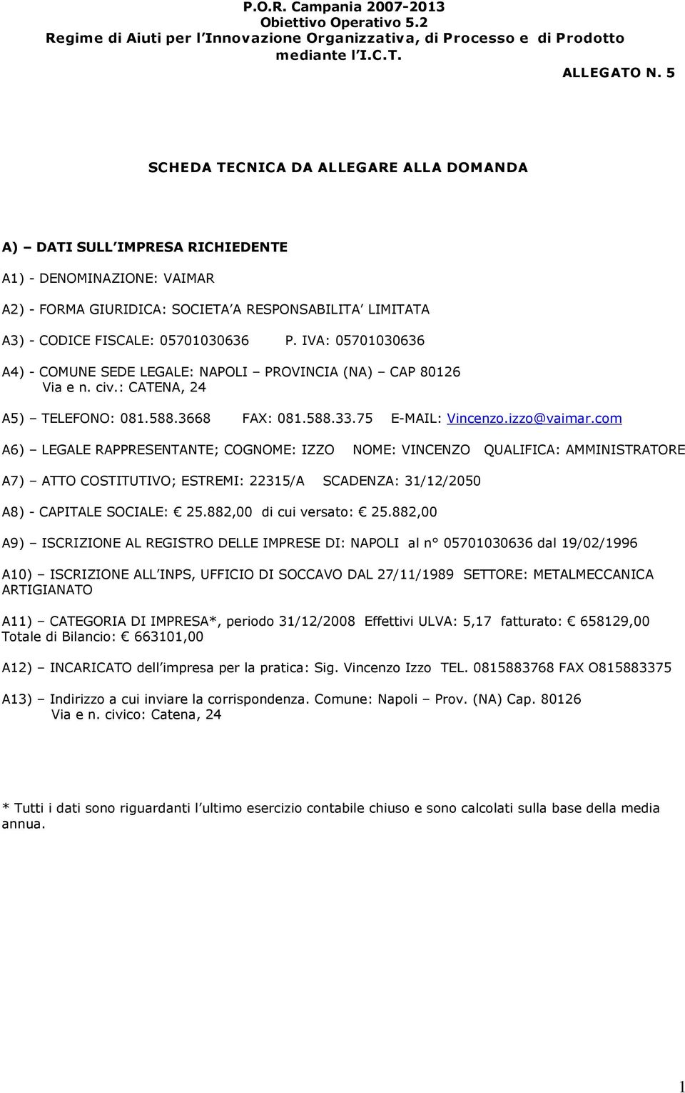 IVA: 05701030636 A4) - COMUNE SEDE LEGALE: NAPOLI PROVINCIA (NA) CAP 80126 Via e n. civ.: CATENA, 24 A5) TELEFONO: 081.588.3668 FAX: 081.588.33.75 E-MAIL: Vincenzo.izzo@vaimar.