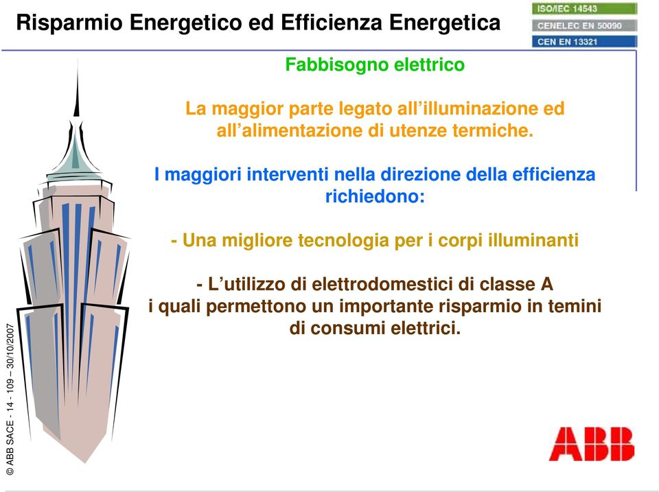 I maggiori interventi nella direzione della efficienza richiedono: - Una migliore tecnologia per i