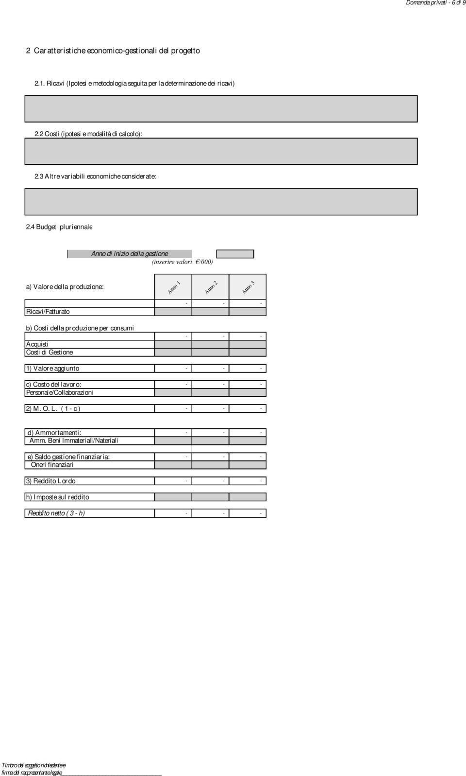 4 Budget pluriennale Anno di inizio della gestione (inserire valori /000) a) Valore della produzione: Ricavi/Fatturato b) Costi della produzione per consumi Acquisti