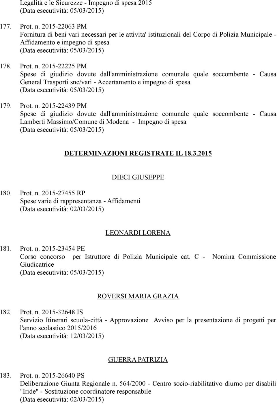 Prot. n. 2015-22439 PM Spese di giudizio dovute dall'amministrazione comunale quale soccombente - Causa Lamberti Massimo/Comune di Modena - Impegno di spesa DETERMINAZIONI REGISTRATE IL 18.3.2015 DIECI GIUSEPPE 180.