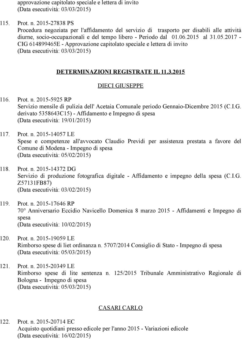 2017 - CIG 614899465E - Approvazione capitolato speciale e lettera di invito (Data esecutività: 03/03/2015) DETERMINAZIONI REGISTRATE IL 11.3.2015 DIECI GIUSEPPE 116. Prot. n.