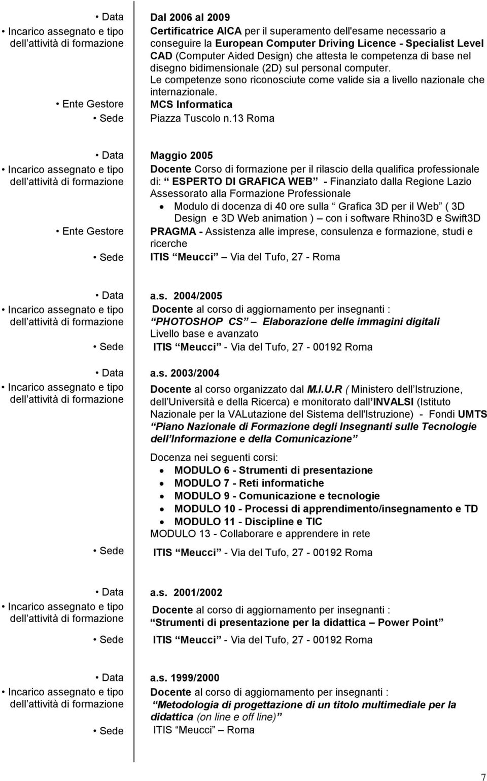 13 Roma Data Maggio 2005 Docente Corso di formazione per il rilascio della qualifica professionale di: ESPERTO DI GRAFICA WEB - Finanziato dalla Regione Lazio Assessorato alla Formazione