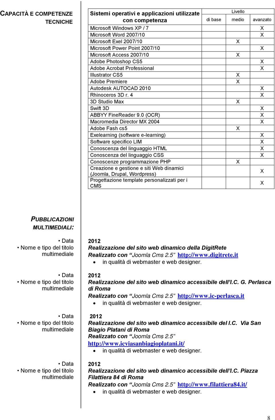 0 (OCR) Macromedia Director M 2004 Adobe Fash cs5 Exelearning (software e-learning) Software specifico LIM Conoscenza del linguaggio HTML Conoscenza del linguaggio CSS Conoscenze programmazione PHP