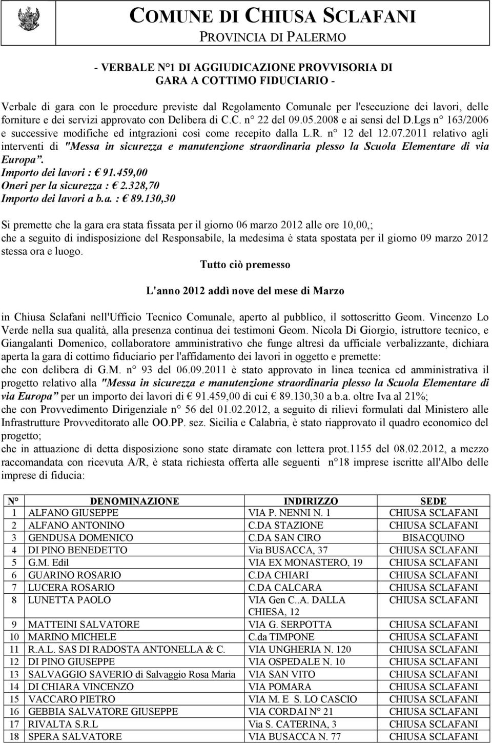 Lgs n 163/2006 e successive modifiche ed intgrazioni così come recepito dalla L.R. n 12 del 12.07.