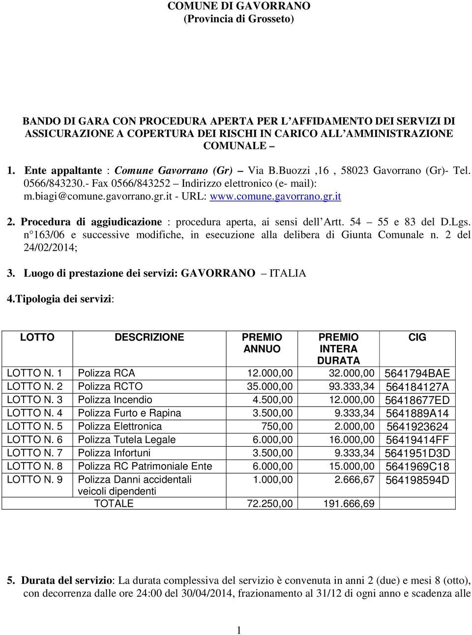 Procedura di aggiudicazione : procedura aperta, ai sensi dell Artt. 54 55 e 83 del D.Lgs. n 163/06 e successive modifiche, in esecuzione alla delibera di Giunta Comunale n. 2 del 24/02/2014; 3.