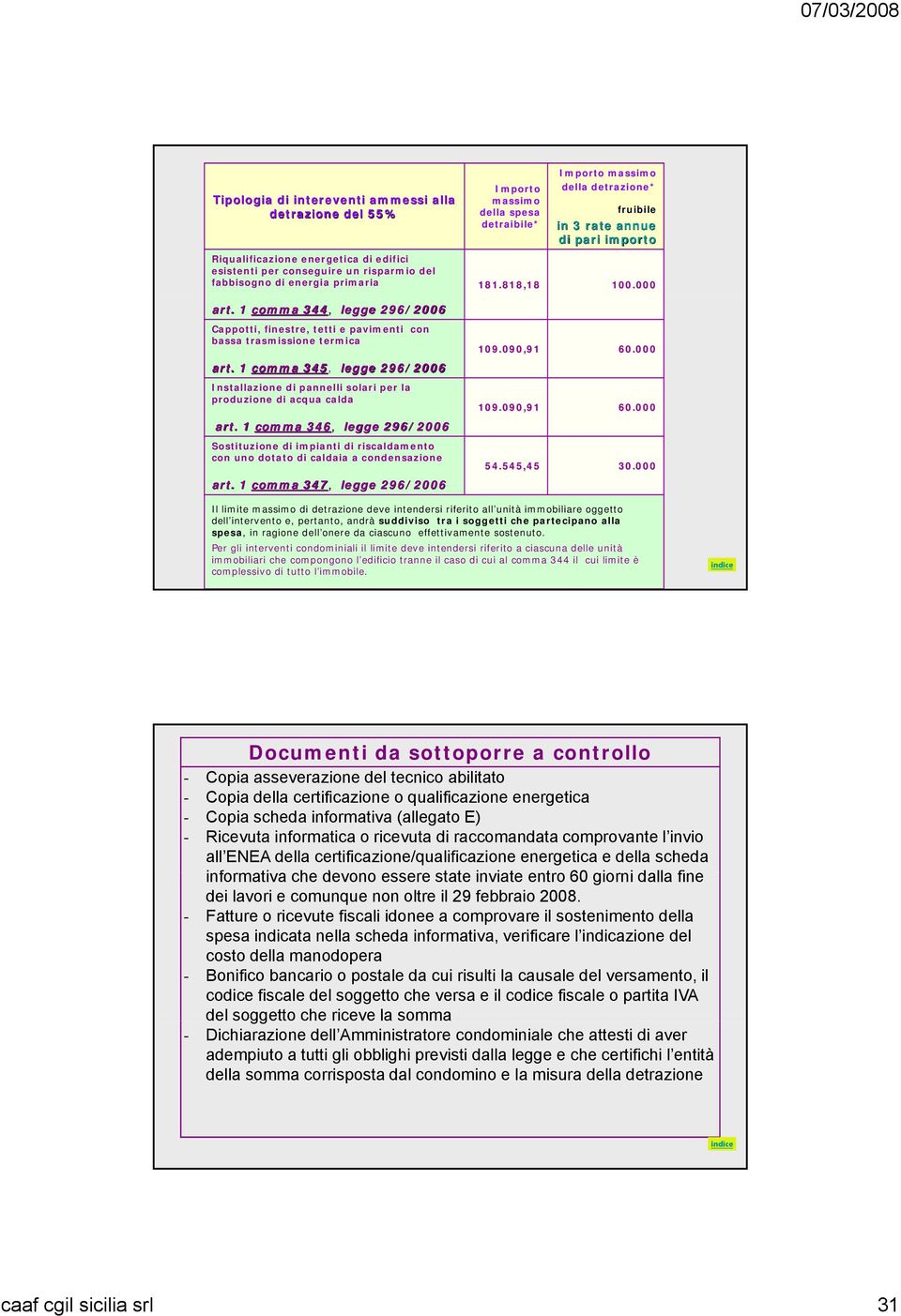 1 comma 346, legge 296/2006 Sostituzione di impianti di riscaldamento con uno dotato di caldaia a condensazione art. 1 comma 347, legge 296/2006 Importo massimo della spesa detraibile* 181.818,18 109.