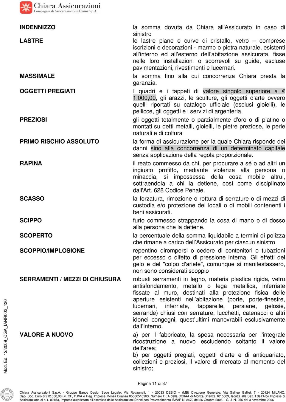 MASSIMALE la somma fino alla cui concorrenza Chiara presta la garanzia. OGGETTI PREGIATI I quadri e i tappeti di valore singolo superiore a 1.