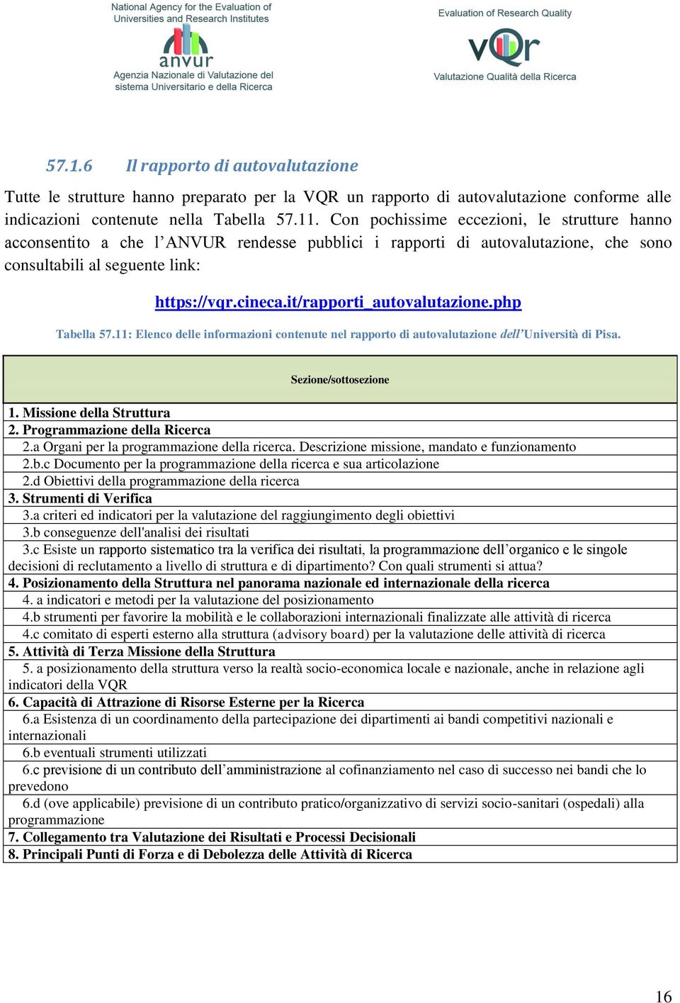 it/rapporti_autovalutazione.php Tabella 57.11: Elenco delle informazioni contenute nel rapporto di autovalutazione dell Università di Pisa. Sezione/sottosezione 1. Missione della Struttura 2.