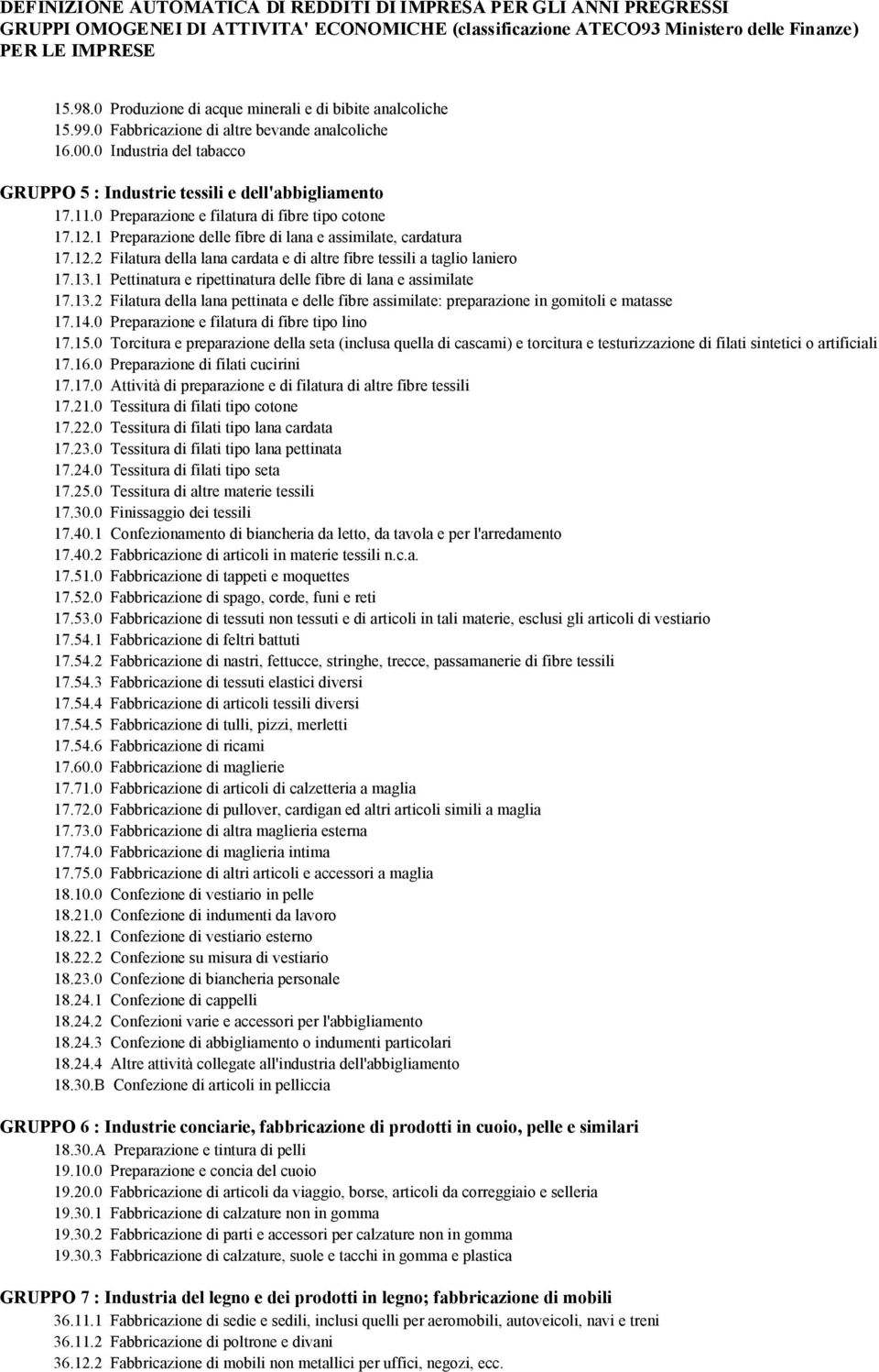 1 Pettinatura e ripettinatura delle fibre di lana e assimilate 17.13.2 Filatura della lana pettinata e delle fibre assimilate: preparazione in gomitoli e matasse 17.14.