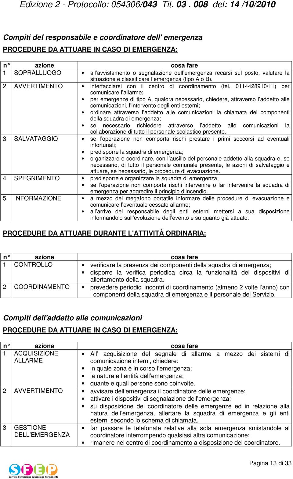 0114428910/11) per comunicare l allarme; per emergenze di tipo A, qualora necessario, chiedere, attraverso l addetto alle comunicazioni, l intervento degli enti esterni; ordinare attraverso l addetto