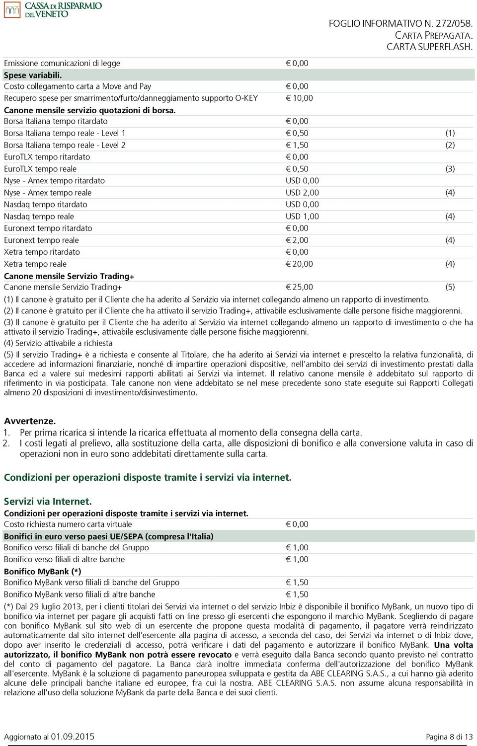 Borsa Italiana tempo ritardato 0,00 Borsa Italiana tempo reale - Level 1 0,50 (1) Borsa Italiana tempo reale - Level 2 1,50 (2) EuroTLX tempo ritardato 0,00 EuroTLX tempo reale 0,50 (3) Nyse - Amex