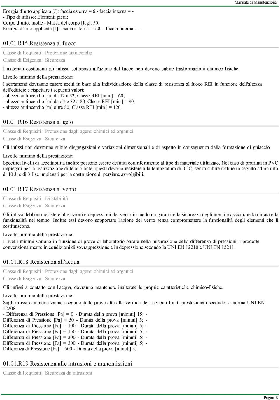 01.R15 Resistenza al fuoco Classe di Requisiti: Protezione antincendio Classe di Esigenza: Sicurezza I materiali costituenti gli infissi, sottoposti all'azione del fuoco non devono subire