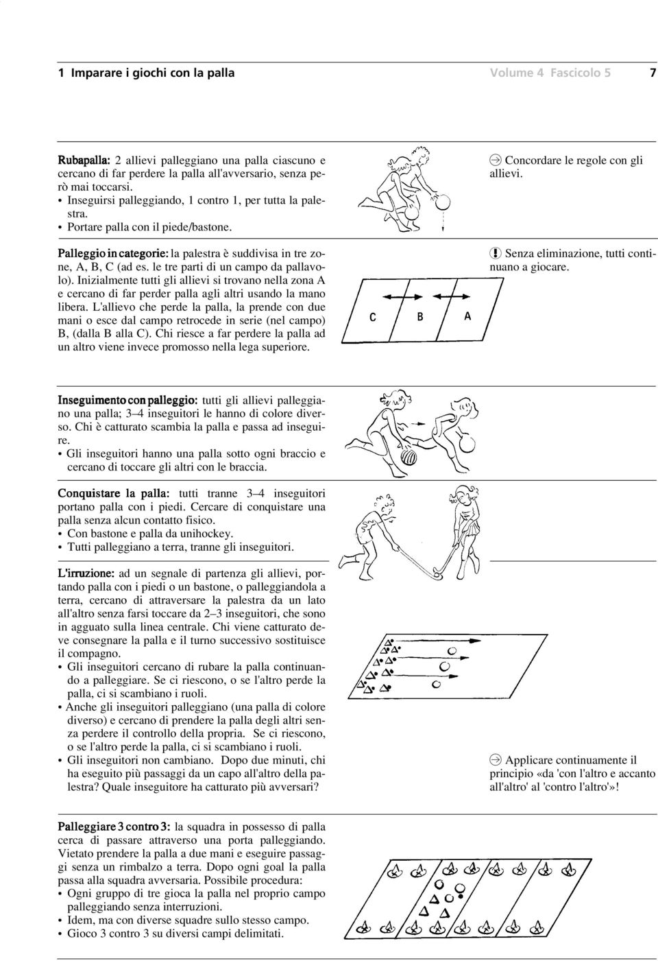 le tre parti di un campo da pallavolo). Inizialmente tutti gli allievi si trovano nella zona A e cercano di far perder palla agli altri usando la mano libera.