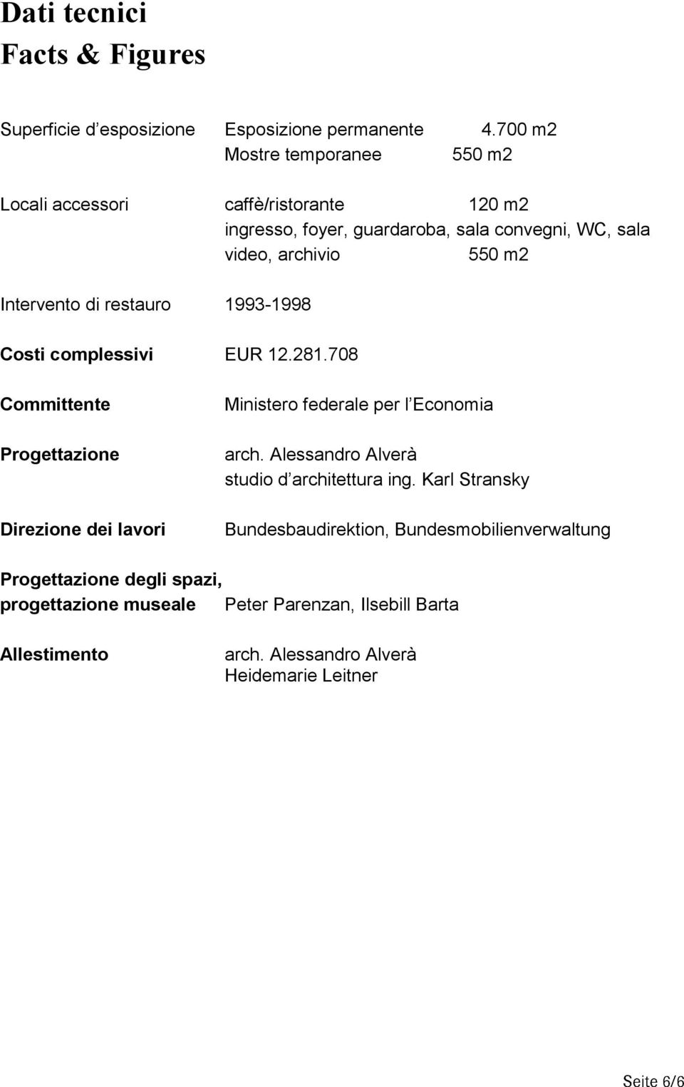 Intervento di restauro 1993-1998 Costi complessivi EUR 12.281.708 Committente Progettazione Direzione dei lavori Ministero federale per l Economia arch.