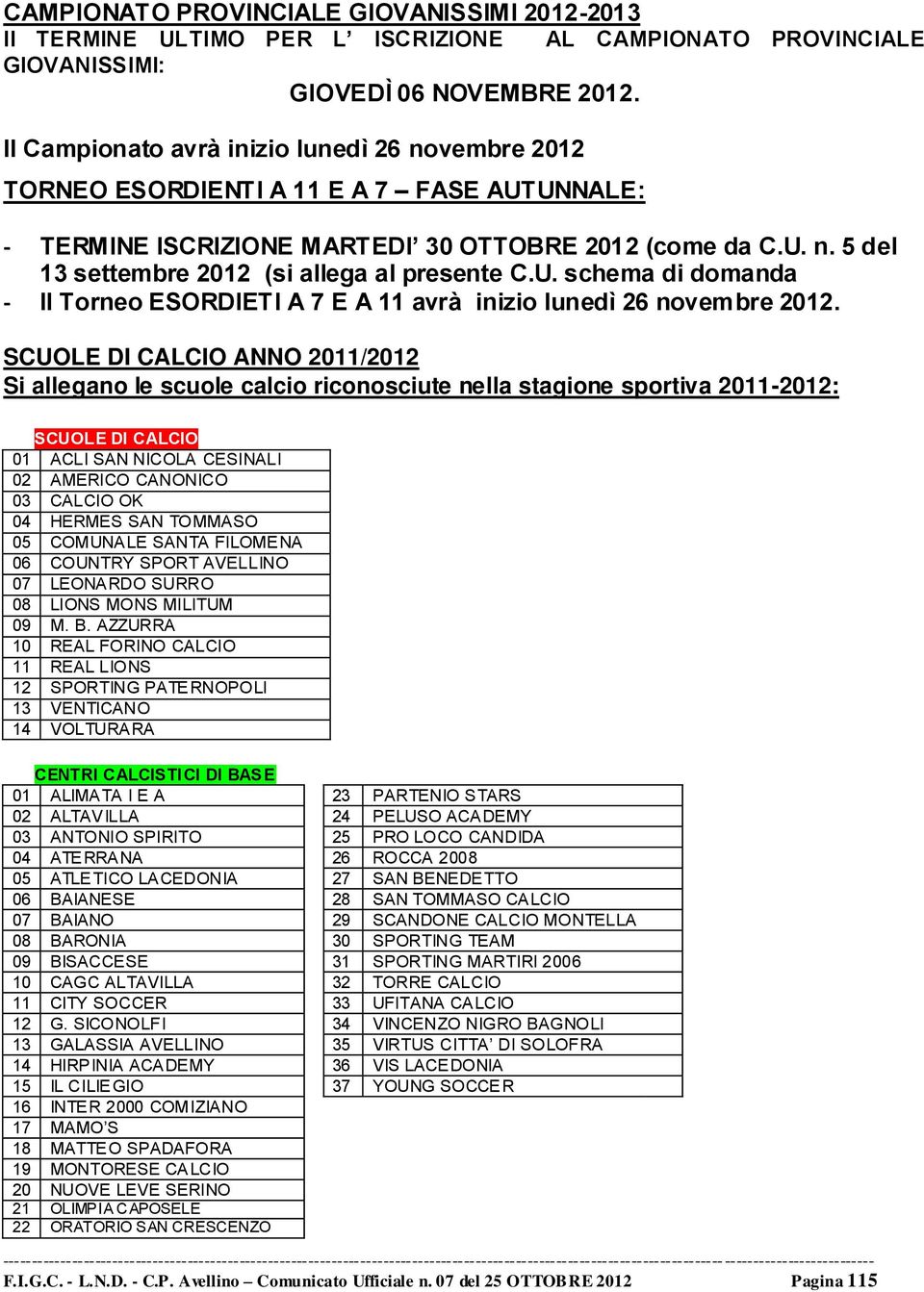 U. schema di domanda - Il Torneo ESORDIETI A 7 E A 11 avrà inizio lunedì 26 novembre 2012.