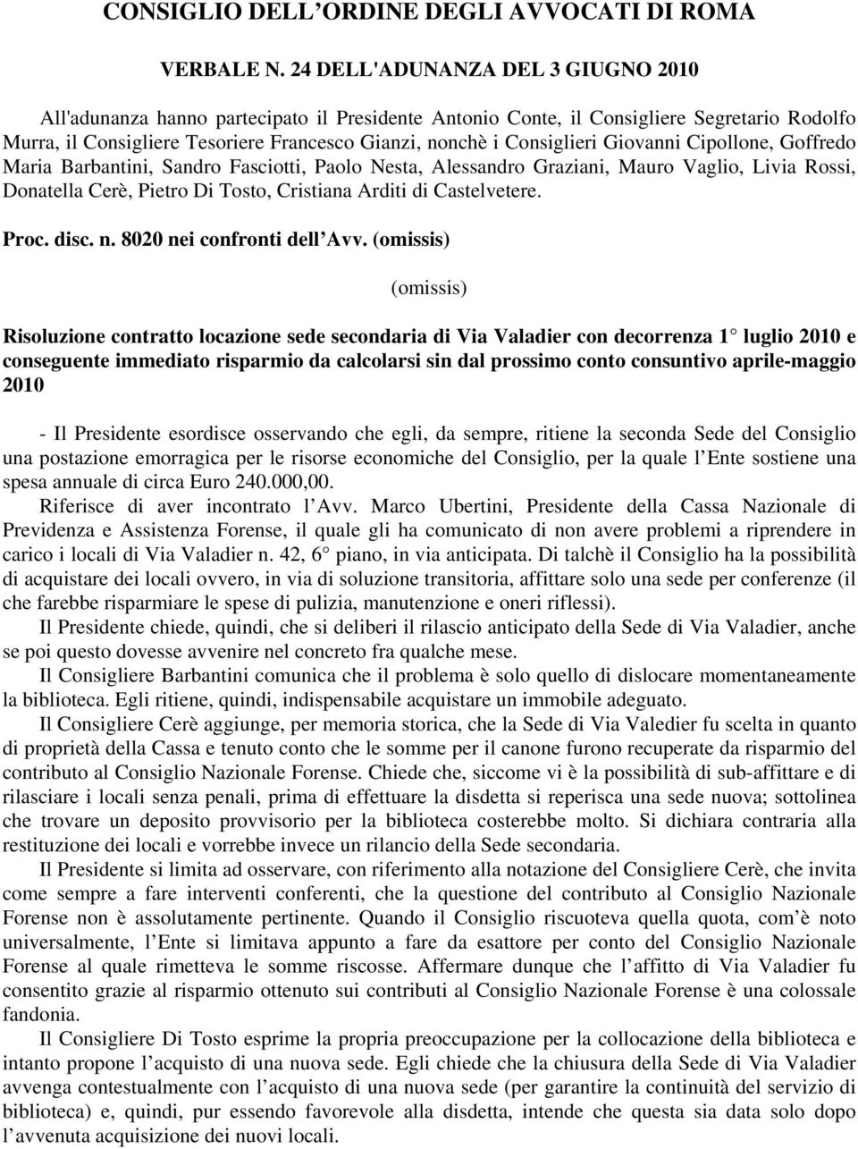 Giovanni Cipollone, Goffredo Maria Barbantini, Sandro Fasciotti, Paolo Nesta, Alessandro Graziani, Mauro Vaglio, Livia Rossi, Donatella Cerè, Pietro Di Tosto, Cristiana Arditi di Castelvetere. Proc.