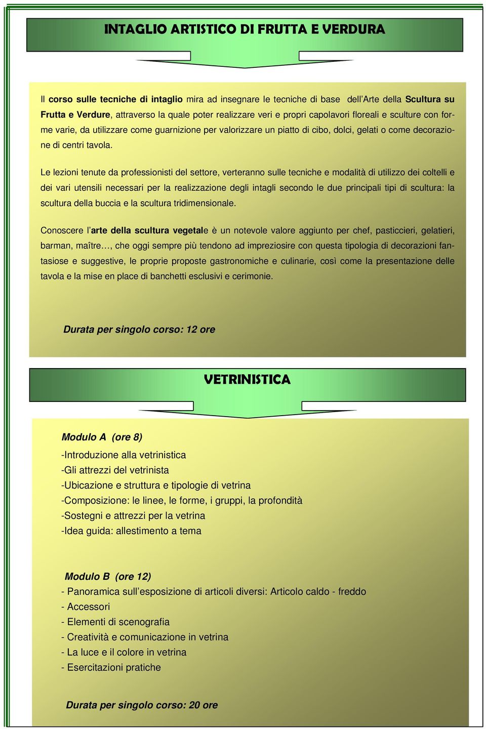 Le lezioni tenute da professionisti del settore, verteranno sulle tecniche e modalità di utilizzo dei coltelli e dei vari utensili necessari per la realizzazione degli intagli secondo le due