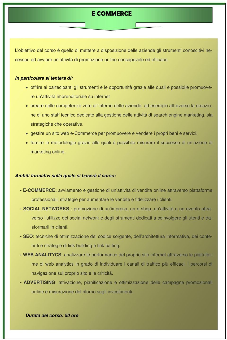 interno delle aziende, ad esempio attraverso la creazione di uno staff tecnico dedicato alla gestione delle attività di search engine marketing, sia strategiche che operative.