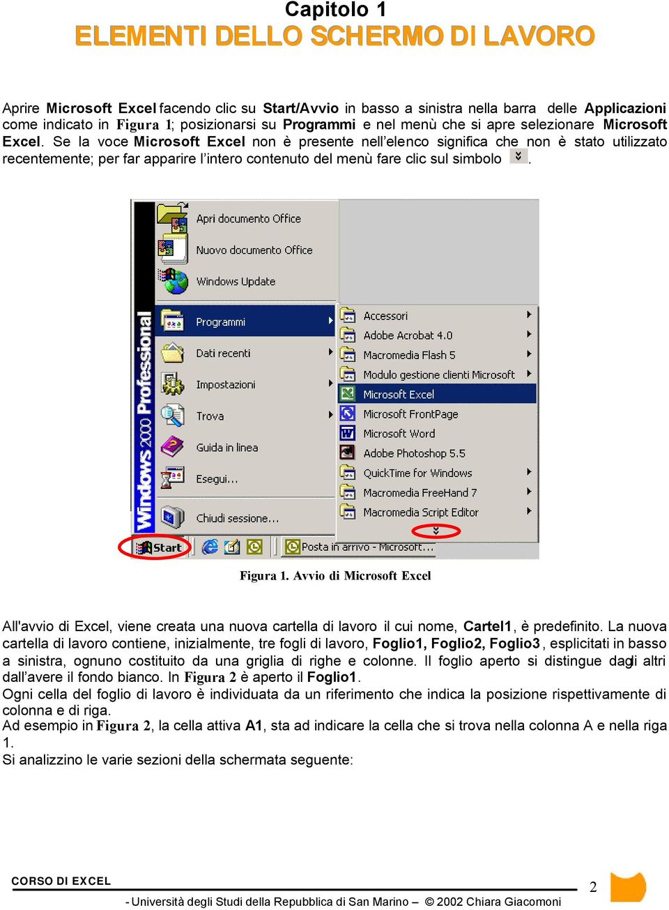 Se la voce Microsoft Excel non è presente nell elenco significa che non è stato utilizzato recentemente; per far apparire l intero contenuto del menù fare clic sul simbolo. Figura 1.
