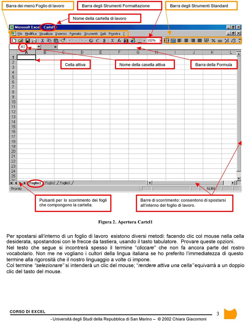 Apertura Cartel1 Per spostarsi all interno di un foglio di lavoro esistono diversi metodi: facendo clic col mouse nella cella desiderata, spostandosi con le frecce da tastiera, usando il tasto