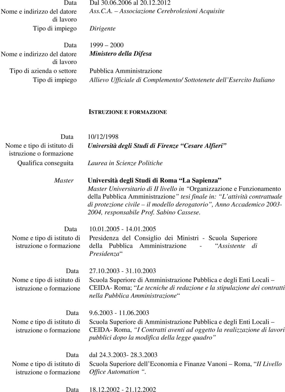 Associazione Cerebrolesioni Acquisite Tipo di impiego Dirigente 1999 2000 Nome e indirizzo del datore Ministero della Difesa Tipo di azienda o settore Pubblica Amministrazione Tipo di impiego Allievo