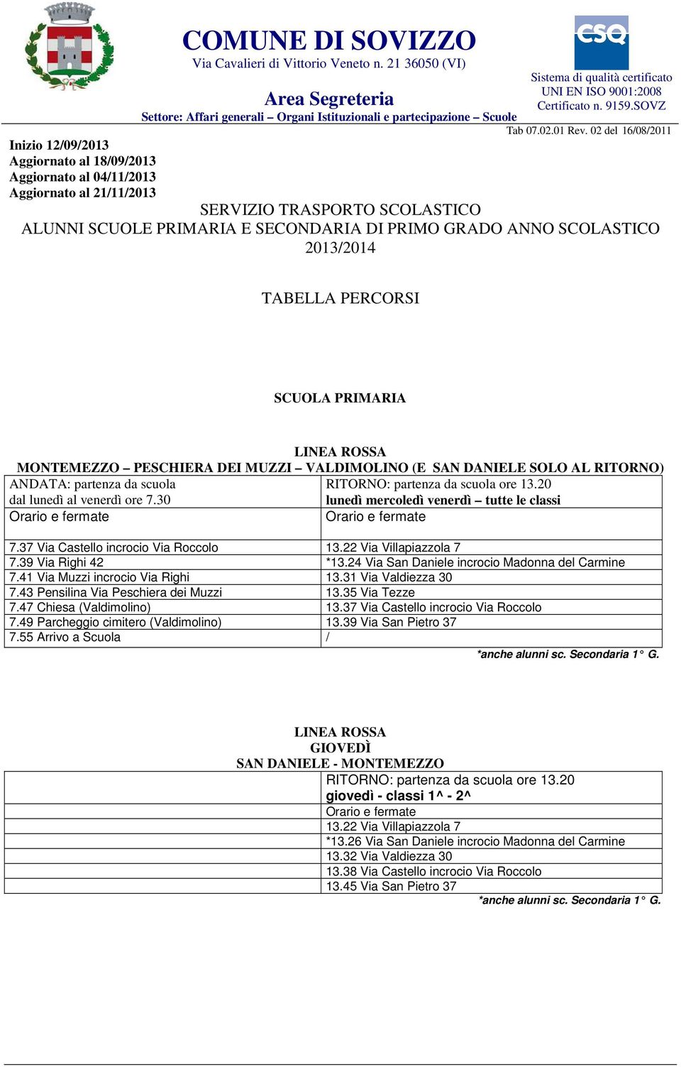 30 lunedì mercoledì venerdì tutte le classi 7.37 Via Castello incrocio Via Roccolo 13.22 Via Villapiazzola 7 7.39 Via Righi 42 *13.24 Via San Daniele incrocio Madonna del Carmine 7.