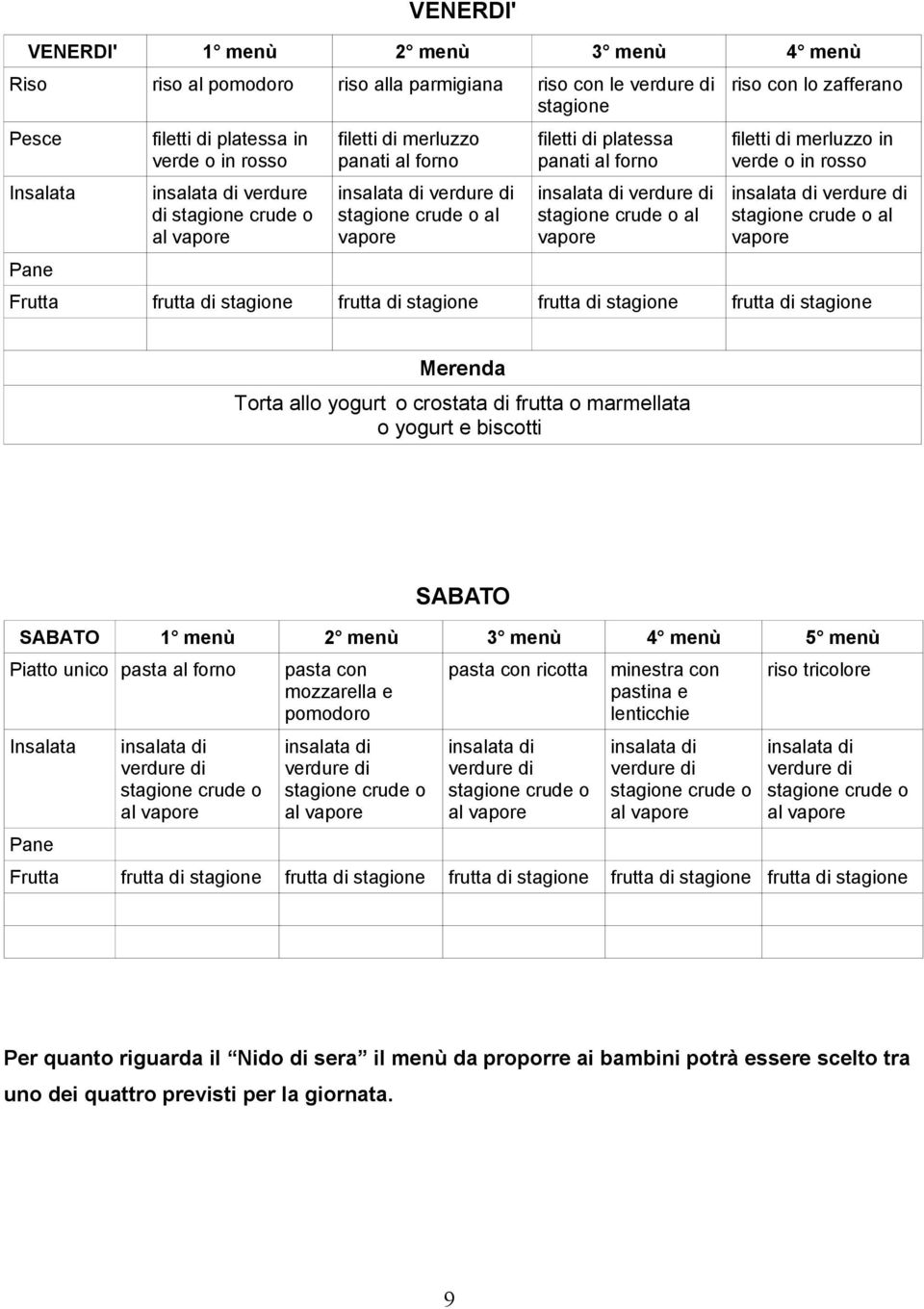 frutta di stagione frutta di stagione Torta allo yogurt o crostata di frutta o marmellata o yogurt e biscotti SABATO SABATO 1 menù 2 menù 3 menù 4 menù 5 menù Piatto unico pasta al forno Insalata