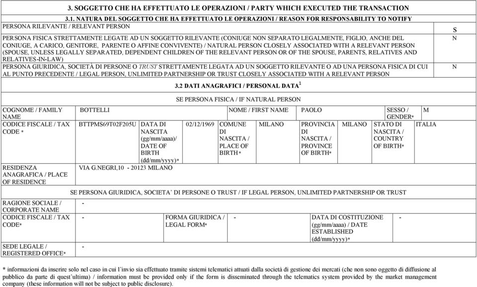 LEGALMETE, FIGLIO, ACHE DEL COIUGE, A CARICO, GEITORE, PARETE O AFFIE COVIVETE) / ATURAL PERSO CLOSELY ASSOCIATED WITH A RELEVAT PERSO (SPOUSE, ULESS LEGALLY SEPARATED, DEPEDET CHILDRE OF THE RELEVAT