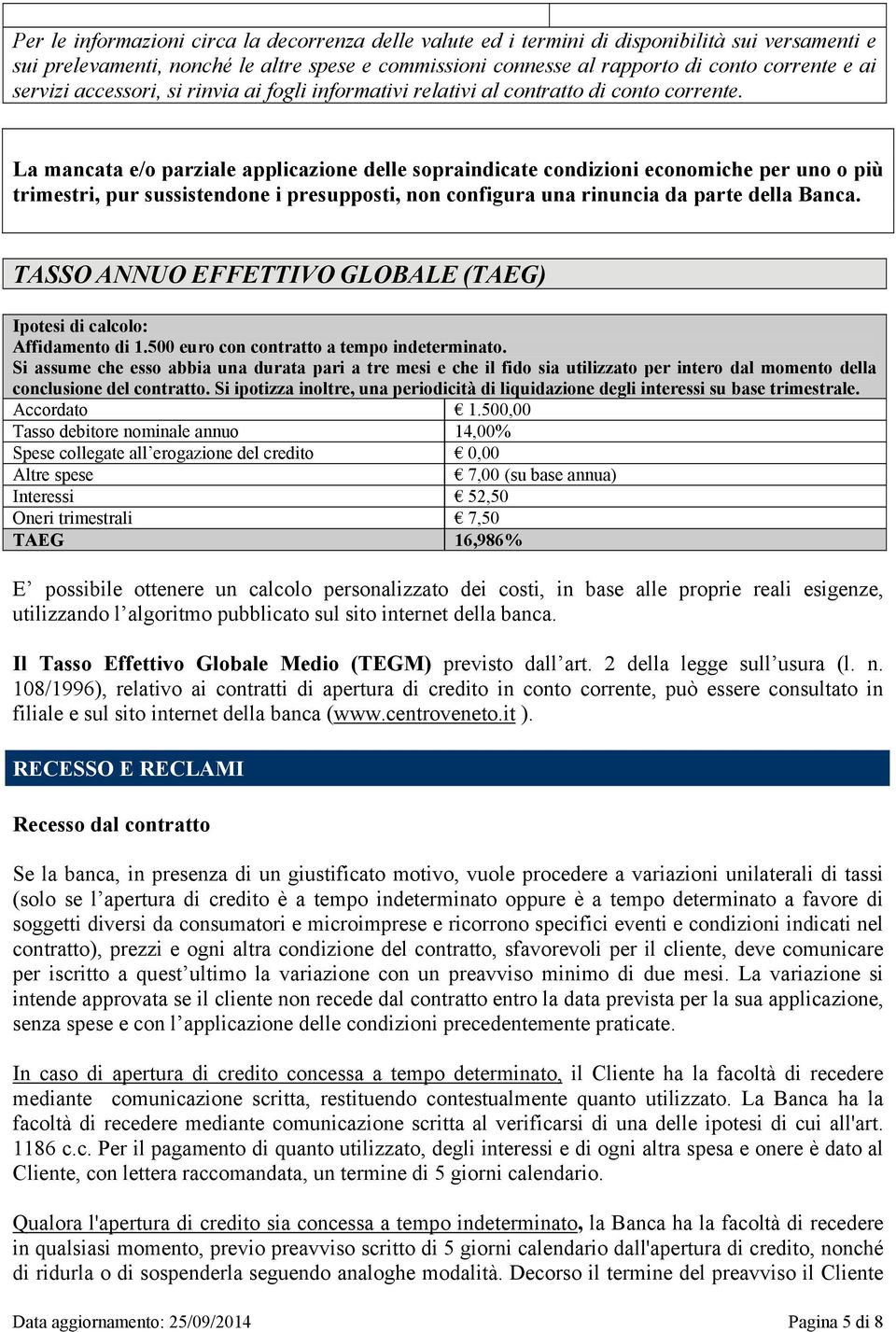 La mancata e/o parziale applicazione delle sopraindicate condizioni economiche per uno o più trimestri, pur sussistendone i presupposti, non configura una rinuncia da parte della Banca.