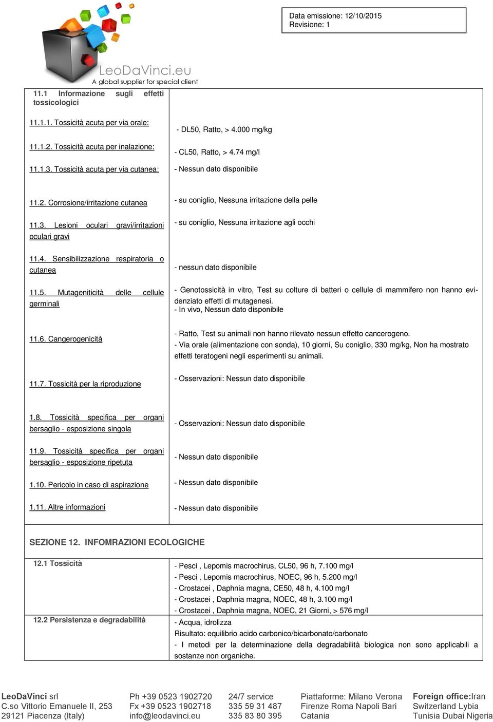 Lesioni oculari gravi/irritazioni oculari gravi - su coniglio, Nessuna irritazione della pelle - su coniglio, Nessuna irritazione agli occhi 11.4. Sensibilizzazione respiratoria o cutanea 11.5.