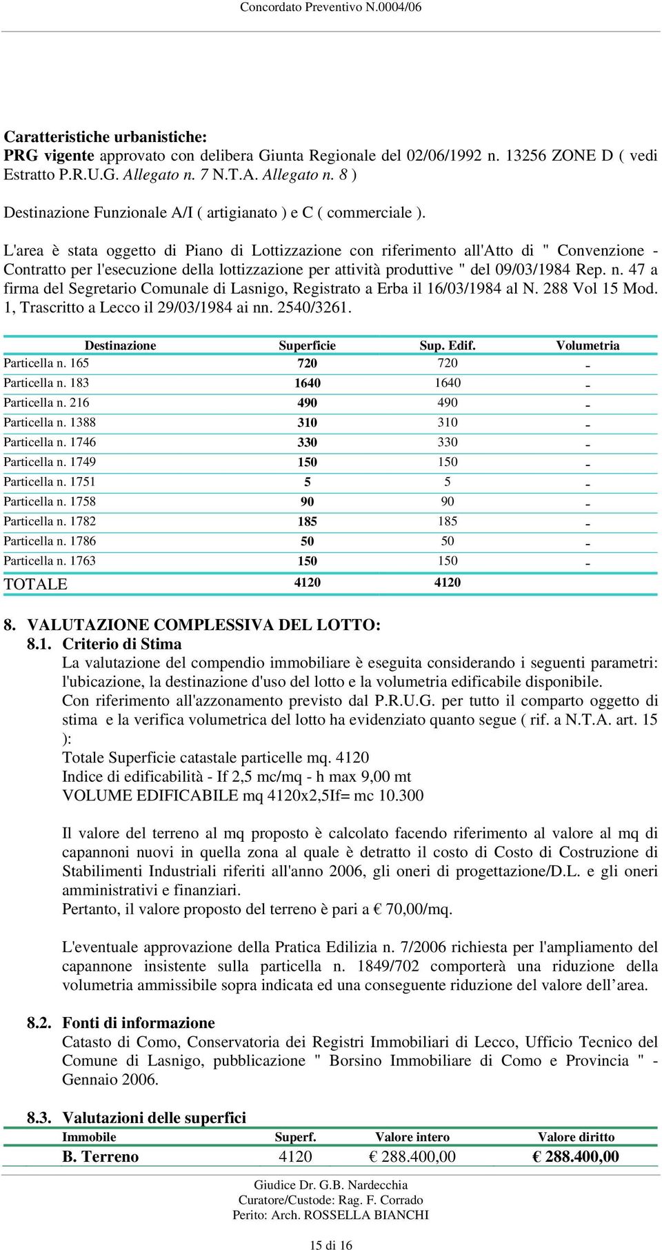 L'area è stata oggetto di Piano di Lottizzazione con riferimento all'atto di " Convenzione - Contratto per l'esecuzione della lottizzazione per attività produttive " del 09/03/1984 Rep. n.