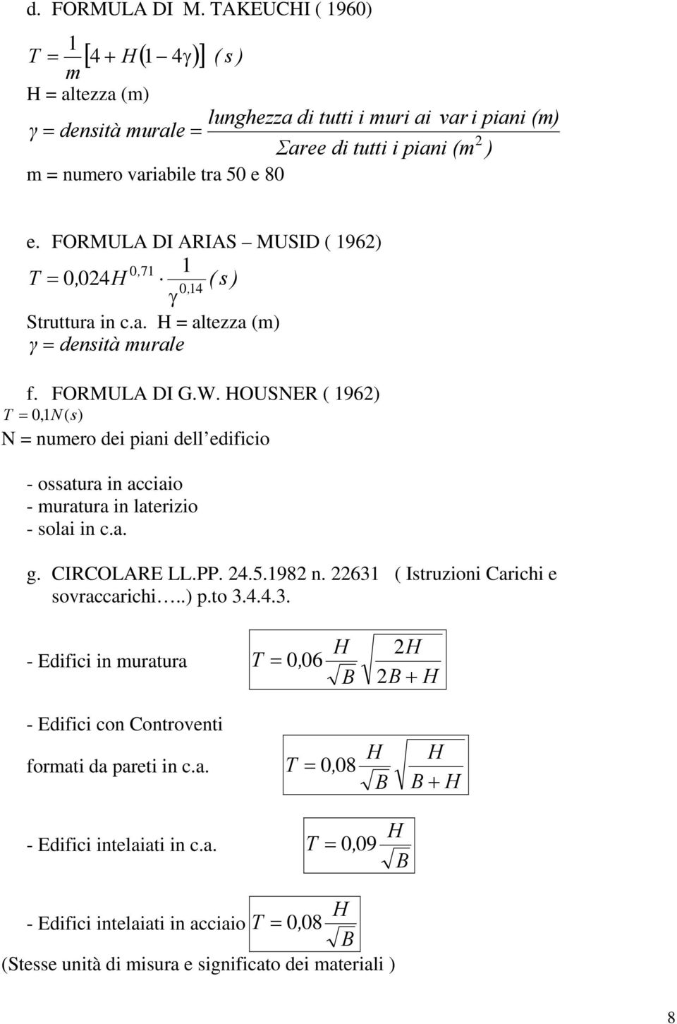 FORMULA DI ARIAS MUSID ( 196) 0, 71 1 0 1 T 0, 0 ( s ), γ Struttura n c.a. altezza (m) γ enstà murale f. FORMULA DI G.W.