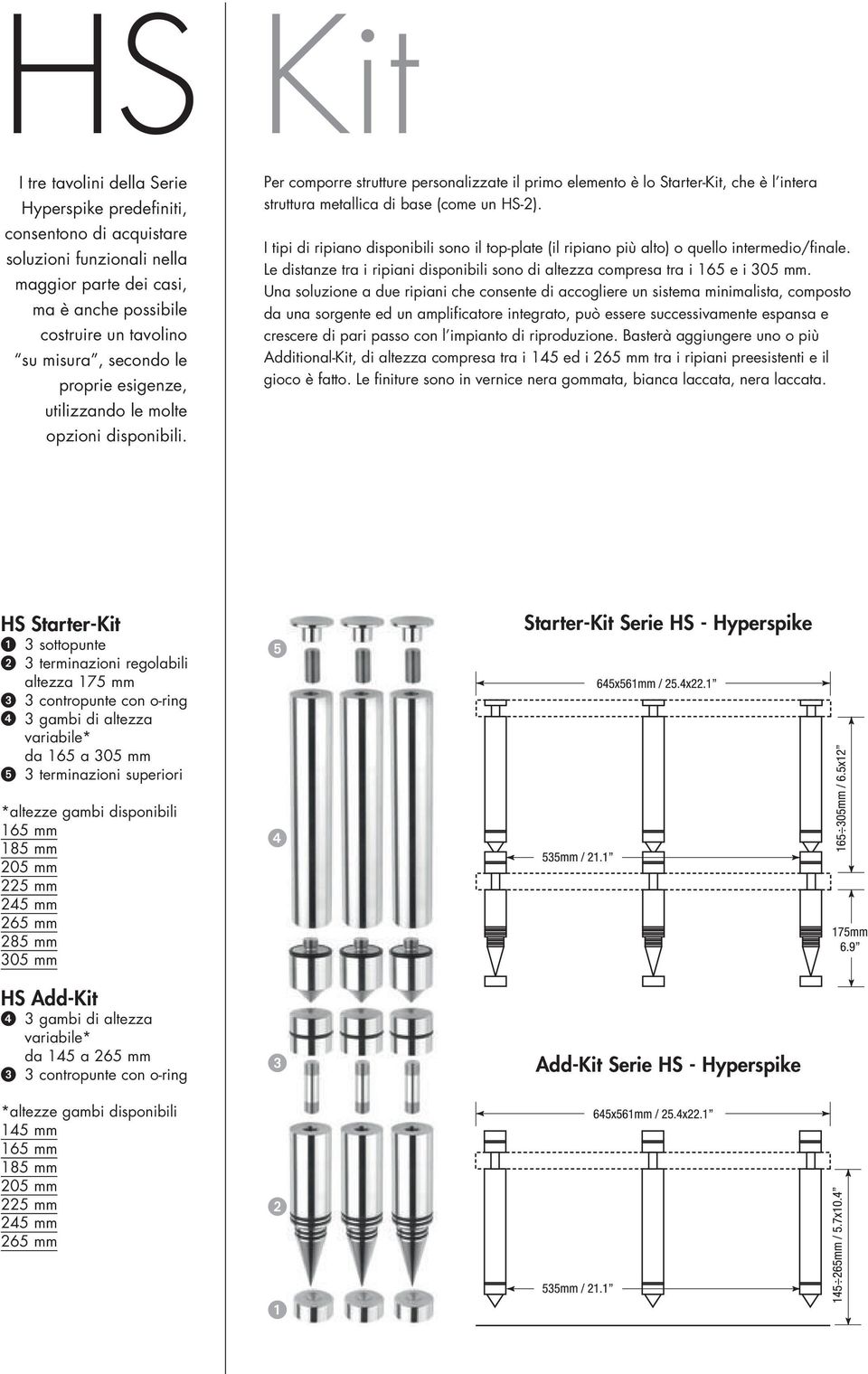 I tipi di ripiano disponibili sono il top-plate (il ripiano più alto) o quello intermedio/finale. Le distanze tra i ripiani disponibili sono di altezza compresa tra i 165 e i 305 mm.