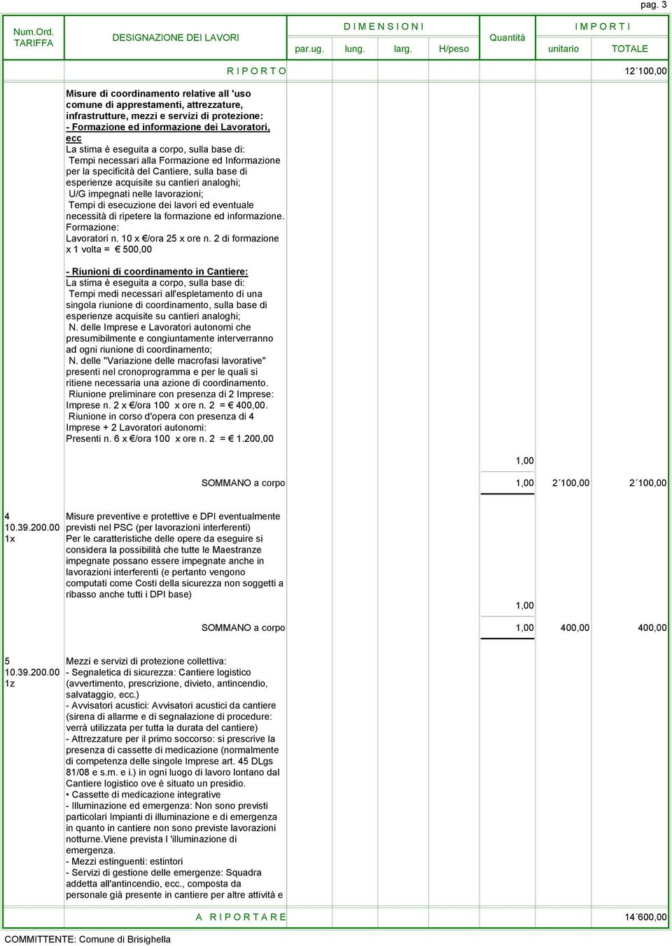 lavorazioni; Tempi di esecuzione dei lavori ed eventuale necessità di ripetere la formazione ed informazione. Formazione: Lavoratori n. 10 x /ora 25 x ore n.