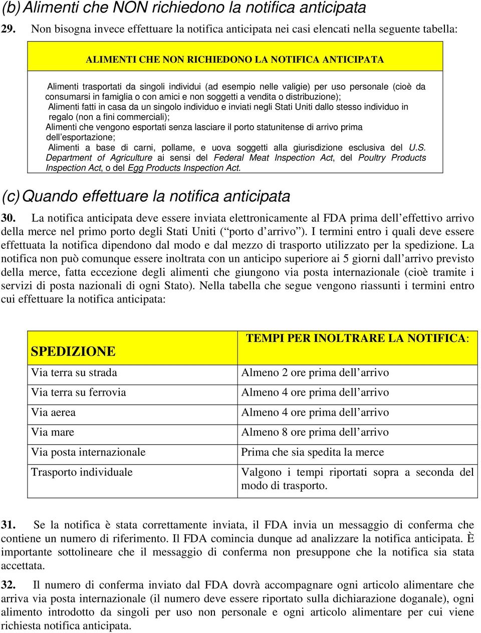 nelle valigie) per uso personale (cioè da consumarsi in famiglia o con amici e non soggetti a vendita o distribuzione); Alimenti fatti in casa da un singolo individuo e inviati negli Stati Uniti