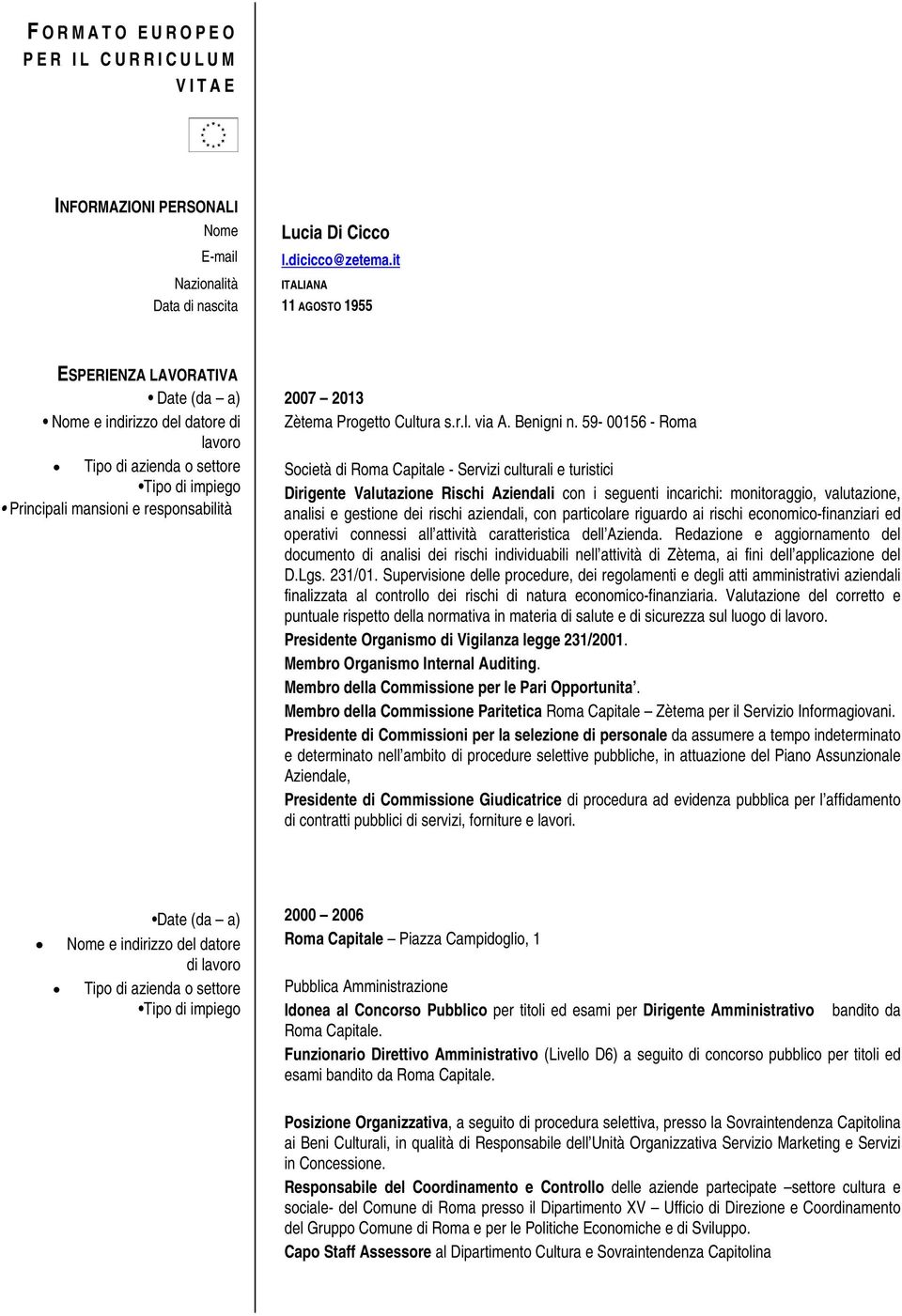 59-00156 - Roma Nome e indirizzo del datore di lavoro Tipo di azienda o settore Tipo di impiego Principali mansioni e responsabilità Società di Roma Capitale - Servizi culturali e turistici Dirigente