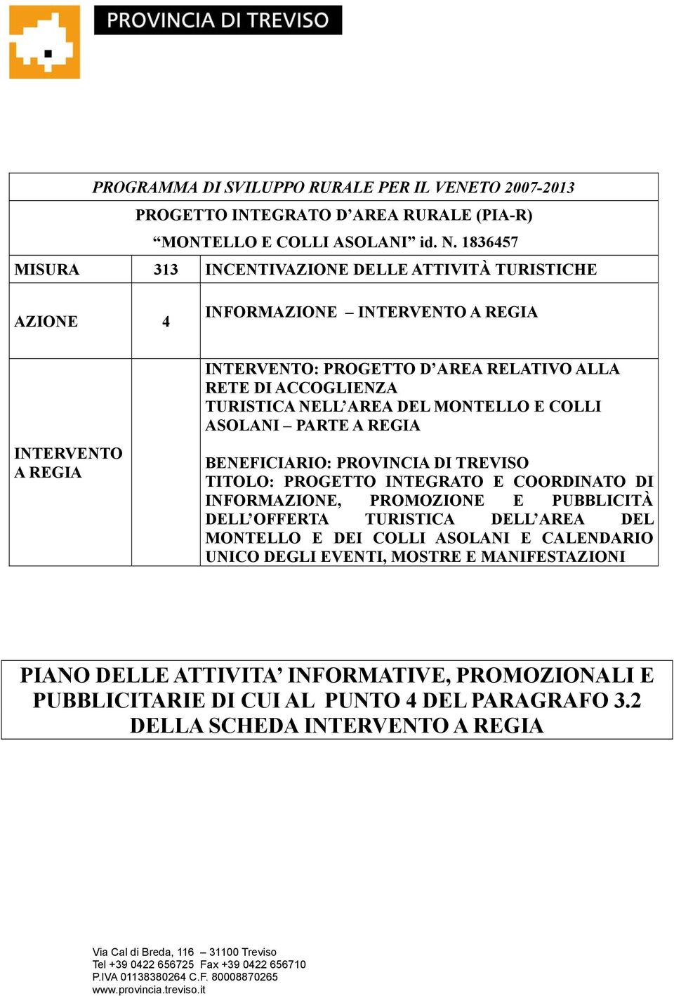 TURISTICA NELL AREA DEL MONTELLO E COLLI ASOLANI PARTE A REGIA BENEFICIARIO: PROVINCIA DI TREVISO TITOLO: PROGETTO INTEGRATO E COORDINATO DI INFORMAZIONE, PROMOZIONE E PUBBLICITÀ DELL