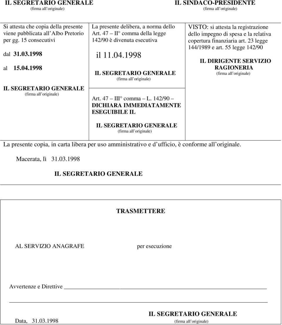 142/90 DICHIARA IMMEDIATAMENTE ESEGUIBILE IL VISTO: si attesta la registrazione dello impegno di spesa e la relativa copertura finanziaria art. 23 legge 144/1989 e art.