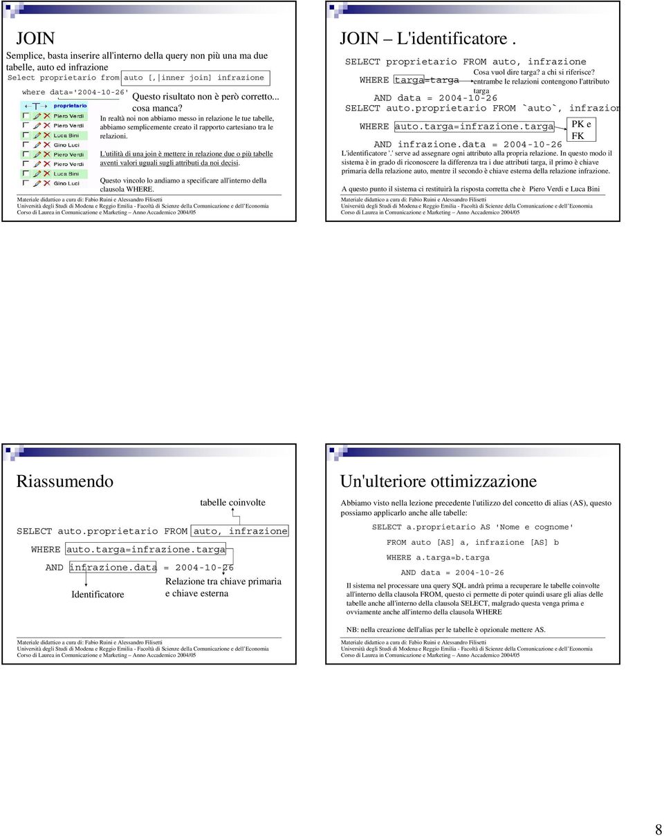 L'utilità di una join è mettere in relazione due o più tabelle aventi valori uguali sugli attributi da noi decisi. Questo vincolo lo andiamo a specificare all'interno della clausola WHERE.