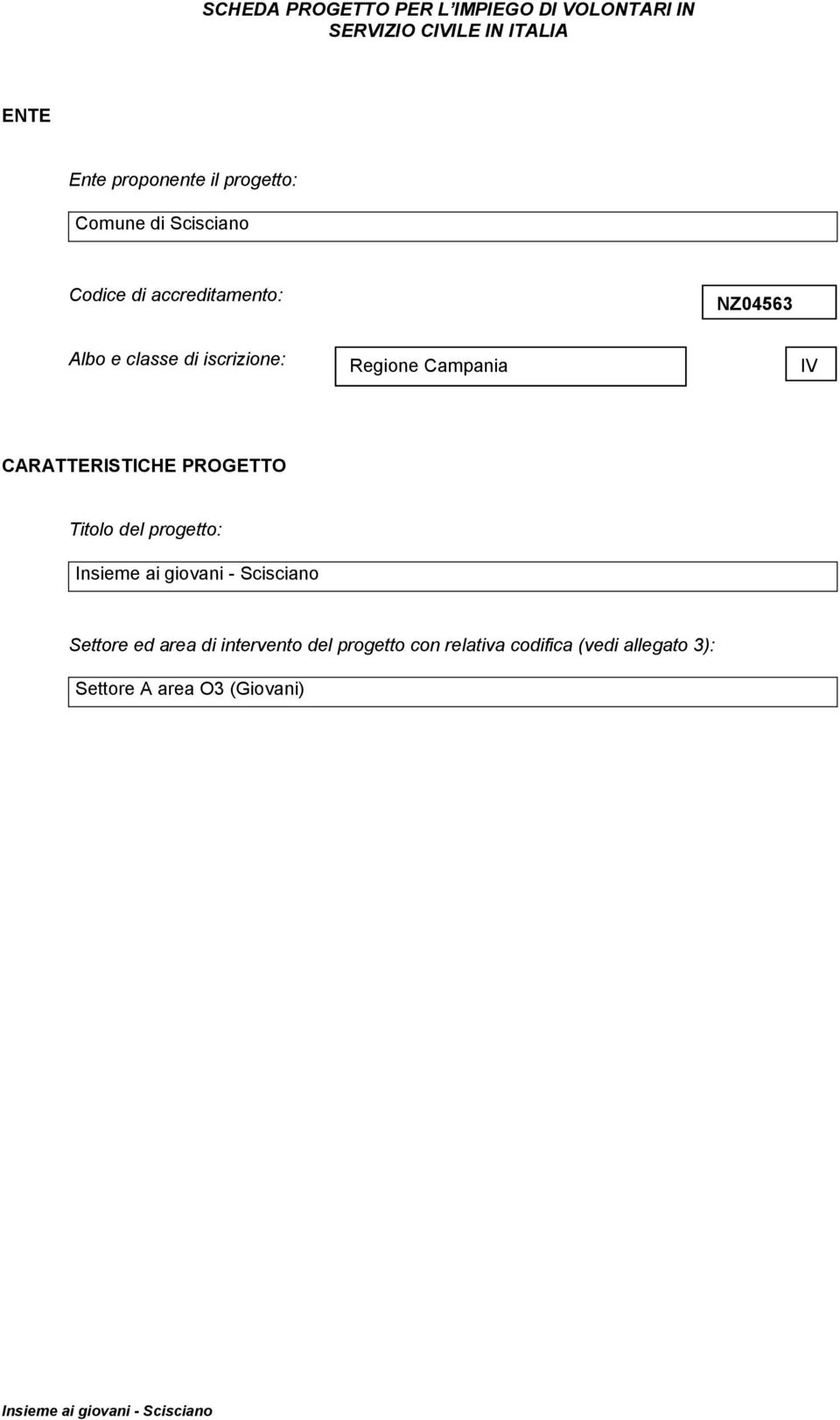 di iscrizione: Regione Campania IV CARATTERISTICHE PROGETTO Titolo del progetto: Settore ed