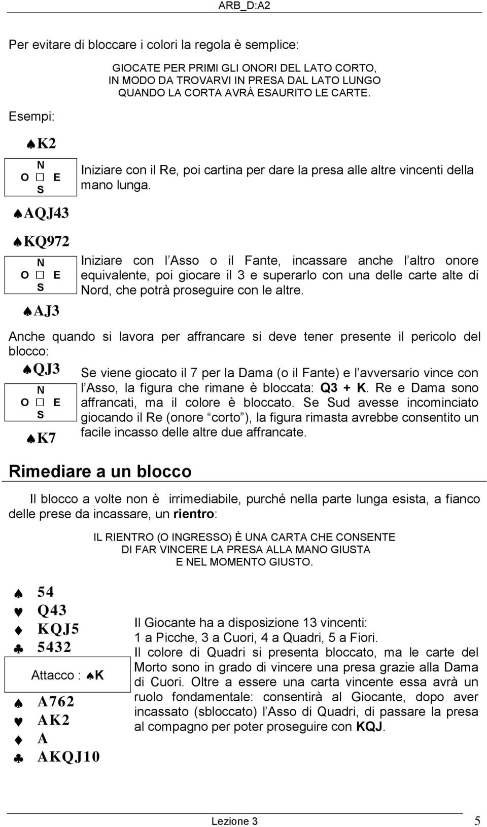 KQ972 AJ3 Iniziare con l Asso o il Fante, incassare anche l altro onore equivalente, poi giocare il 3 e superarlo con una delle carte alte di ord, che potrà proseguire con le altre.