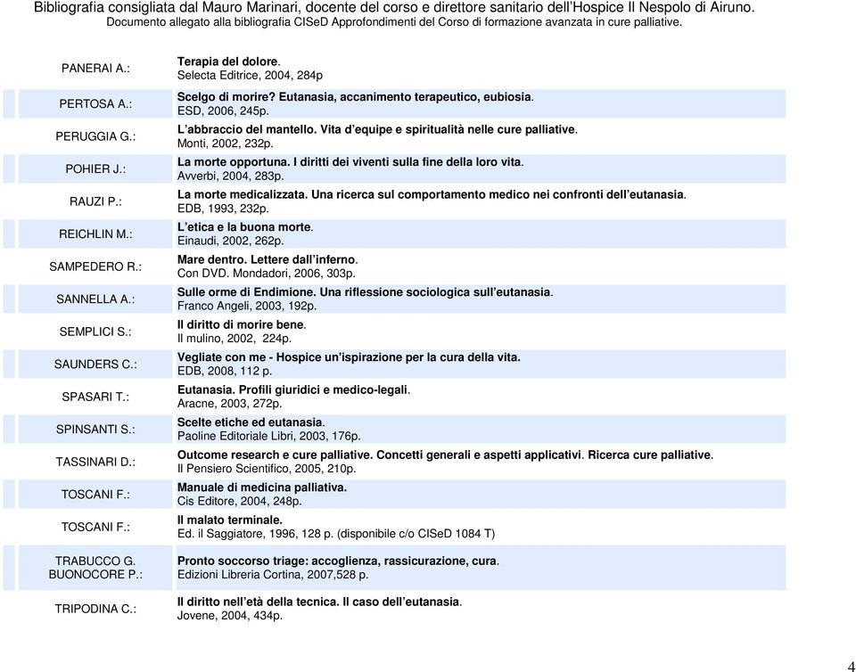 Vita d equipe e spiritualità nelle cure palliative. Monti, 2002, 232p. La morte opportuna. I diritti dei viventi sulla fine della loro vita. Avverbi, 2004, 283p. La morte medicalizzata.