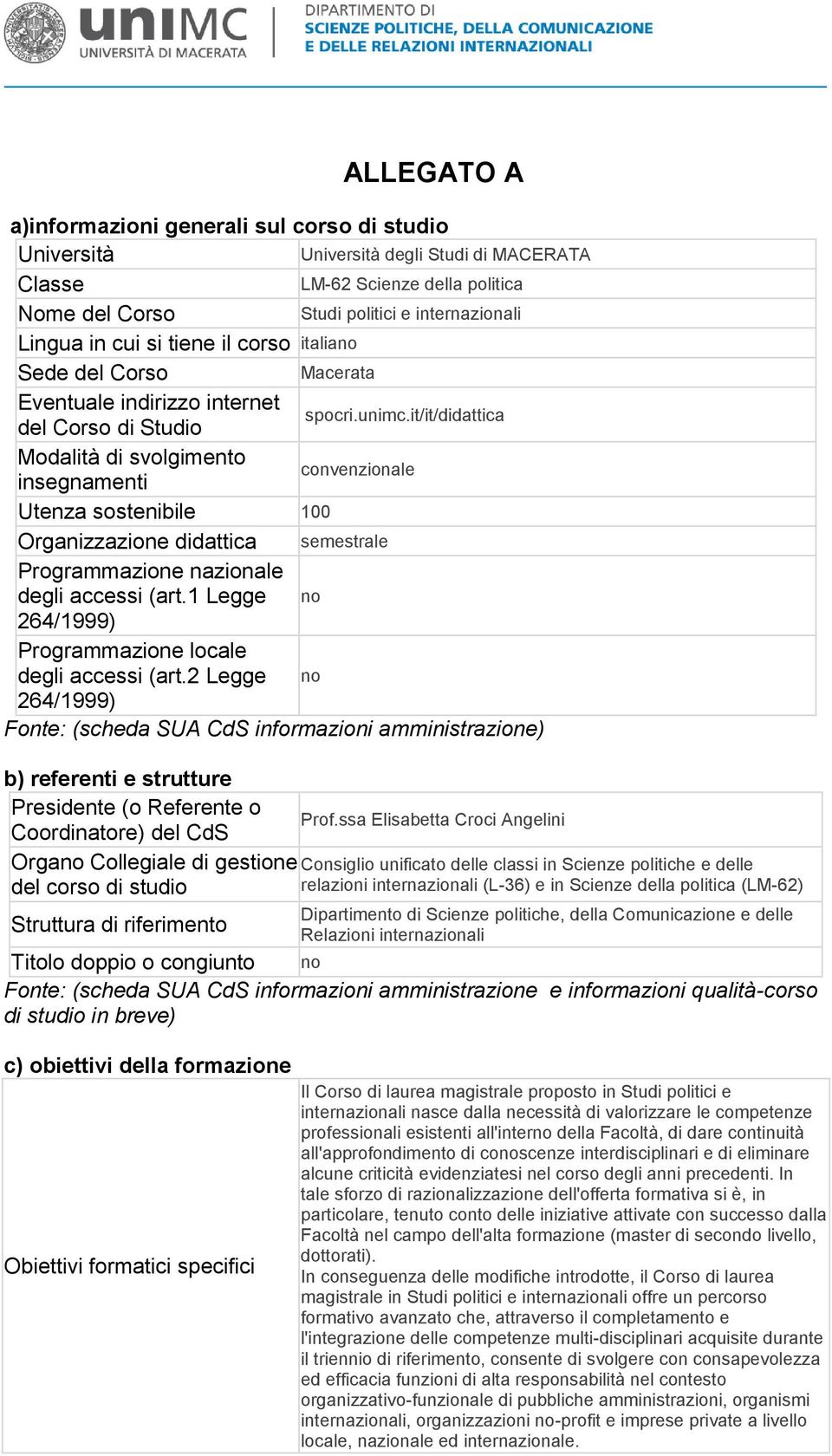 it/it/didattica del Corso di Studio Modalità di svolgimento convenzionale insegnamenti Utenza sostenibile 100 Organizzazione didattica semestrale Programmazione nazionale degli accessi (art.