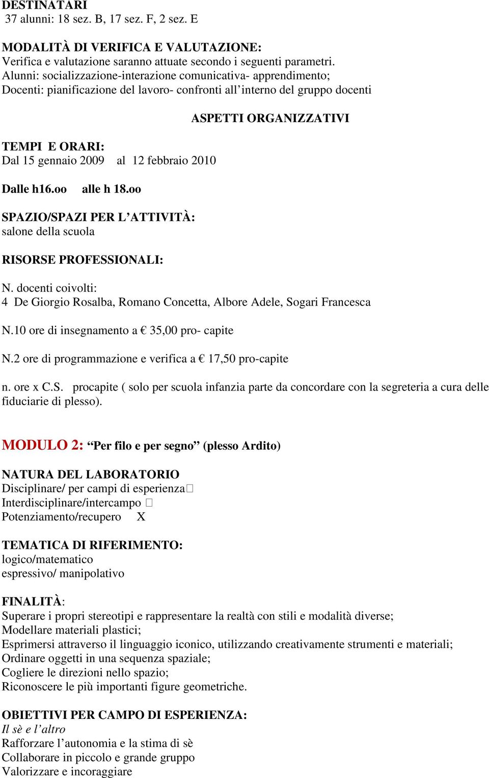 oo alle h 18.oo SPAZIO/SPAZI PER L ATTIVITÀ: salone della scuola RISORSE PROFESSIONALI: N. docenti coivolti: 4 De Giorgio Rosalba, Romano Concetta, Albore Adele, Sogari Francesca N.