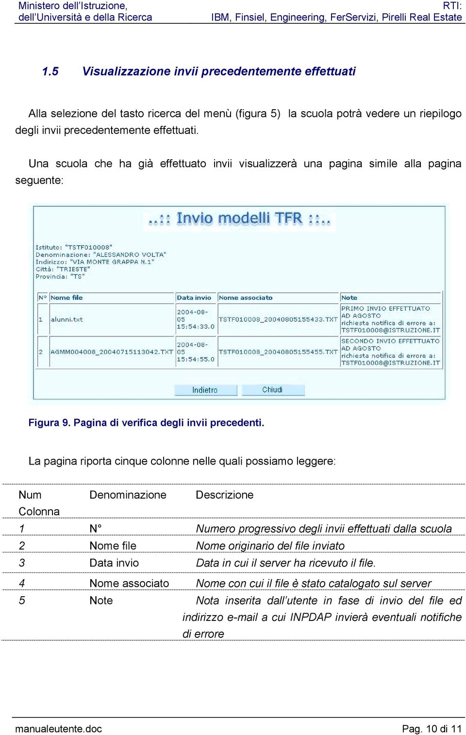 La pagina riporta cinque colonne nelle quali possiamo leggere: Num Denominazione Descrizione Colonna 1 N Numero progressivo degli invii effettuati dalla scuola 2 Nome file Nome originario del file